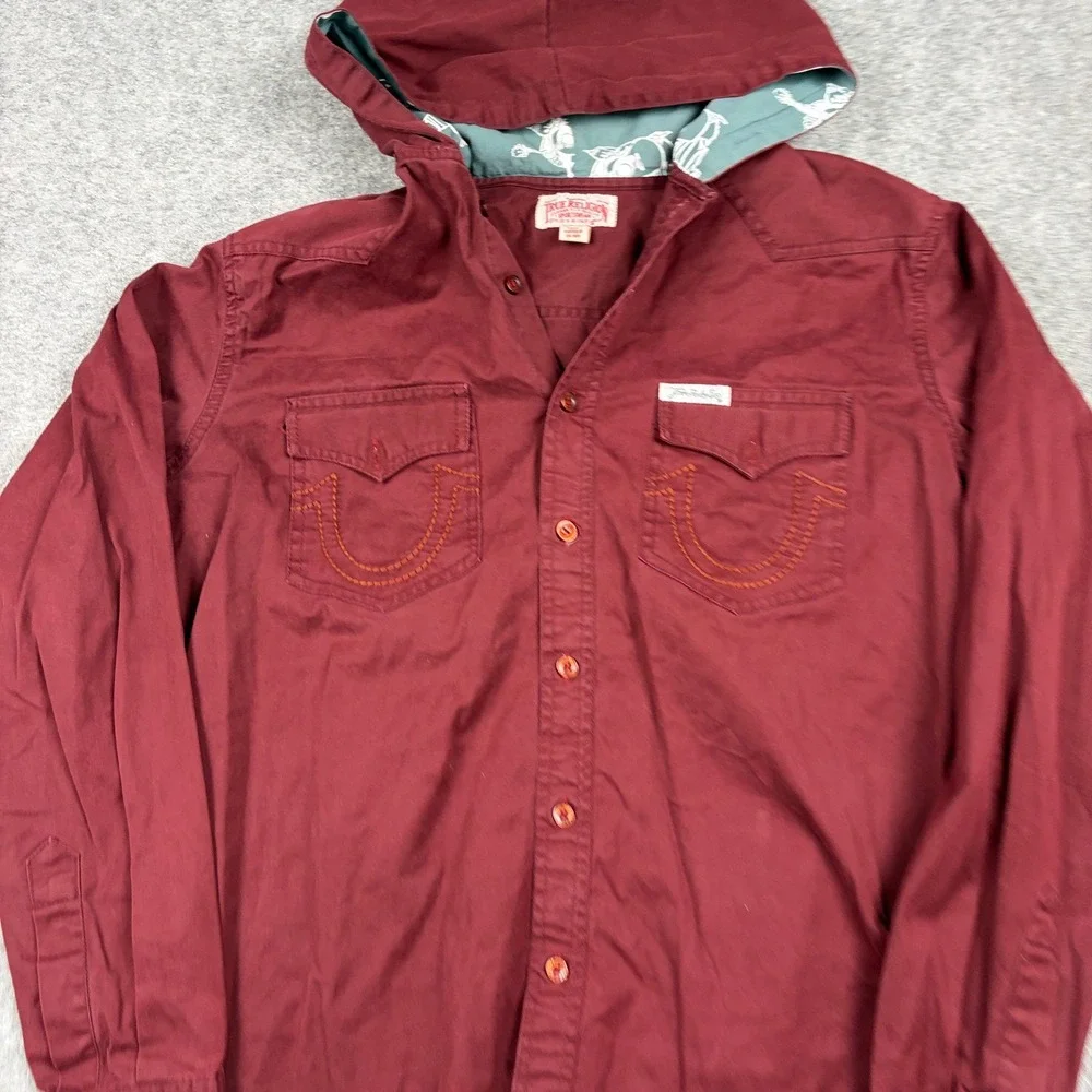 Y2K True Religion Hooded Western Shirt Mens Large Maroon Skater Grunge Surf 00s